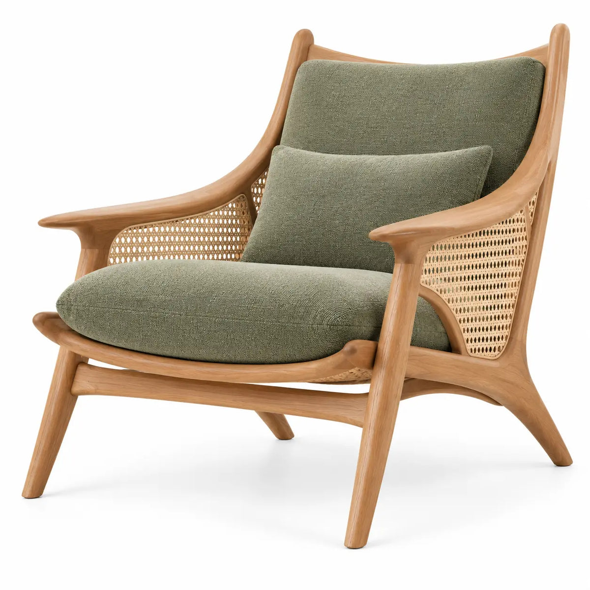Sillón con estructura abierta con detalles de entramado, verde y marrón