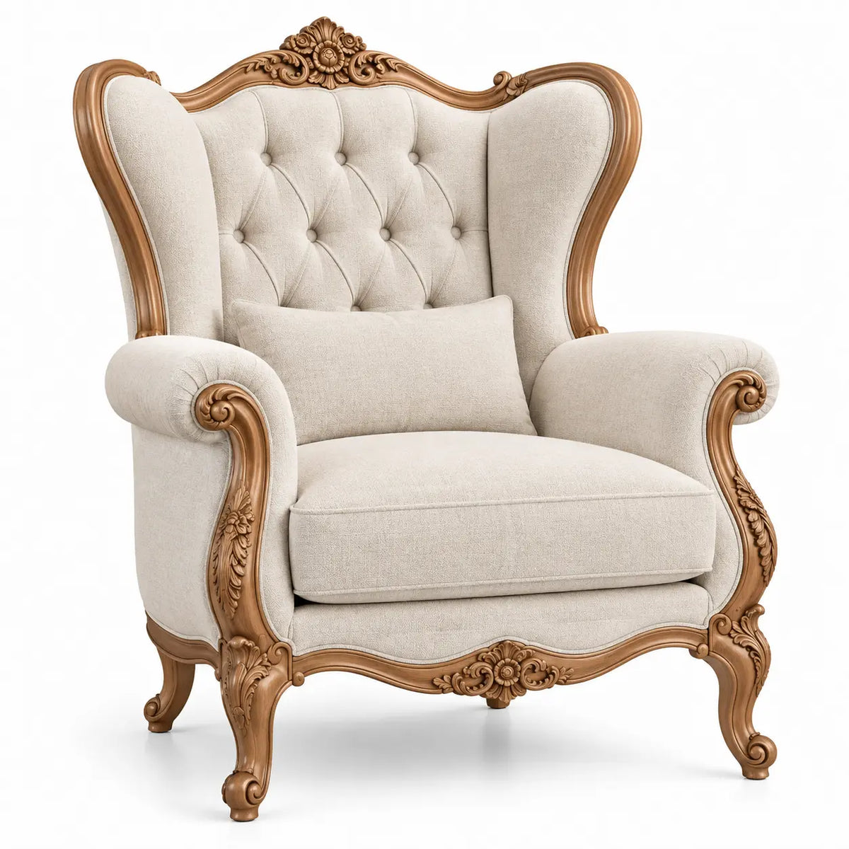 Sillón tapizado con botones decorativos, beige y marrón