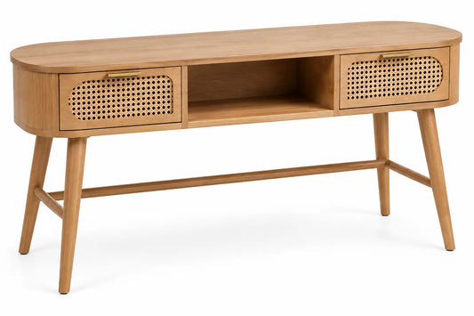Consola de recibidor con detalles de entramado y estantes, marrón