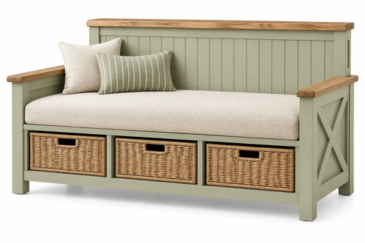 Diván con almacenamiento con detalles de entramado y estantes, verde, marrón y beige