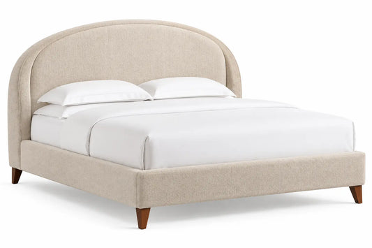 Estructura de cama con cabecero con formas arqueadas, beige y marrón
