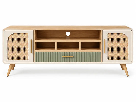 Mueble bajo para televisión con detalles de entramado y estantes, blanco, marrón y verde